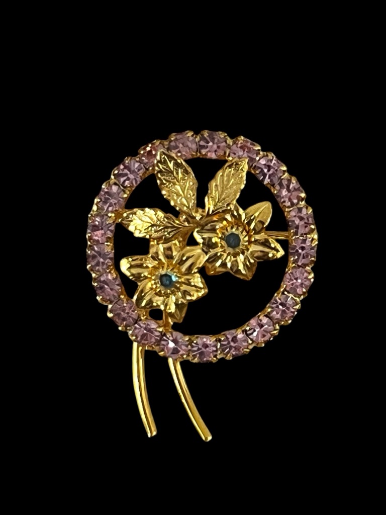 Jennifer Moore Gold-Tone Floral Brooch With Pink Crystals And Blue Centers